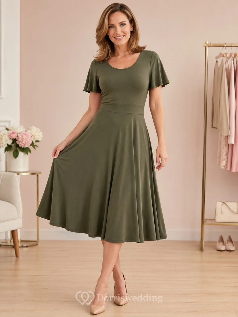 Vestido vintage de manga corta, corte A, largo hasta la rodilla, de jersey verde oliva con cuello redondo.