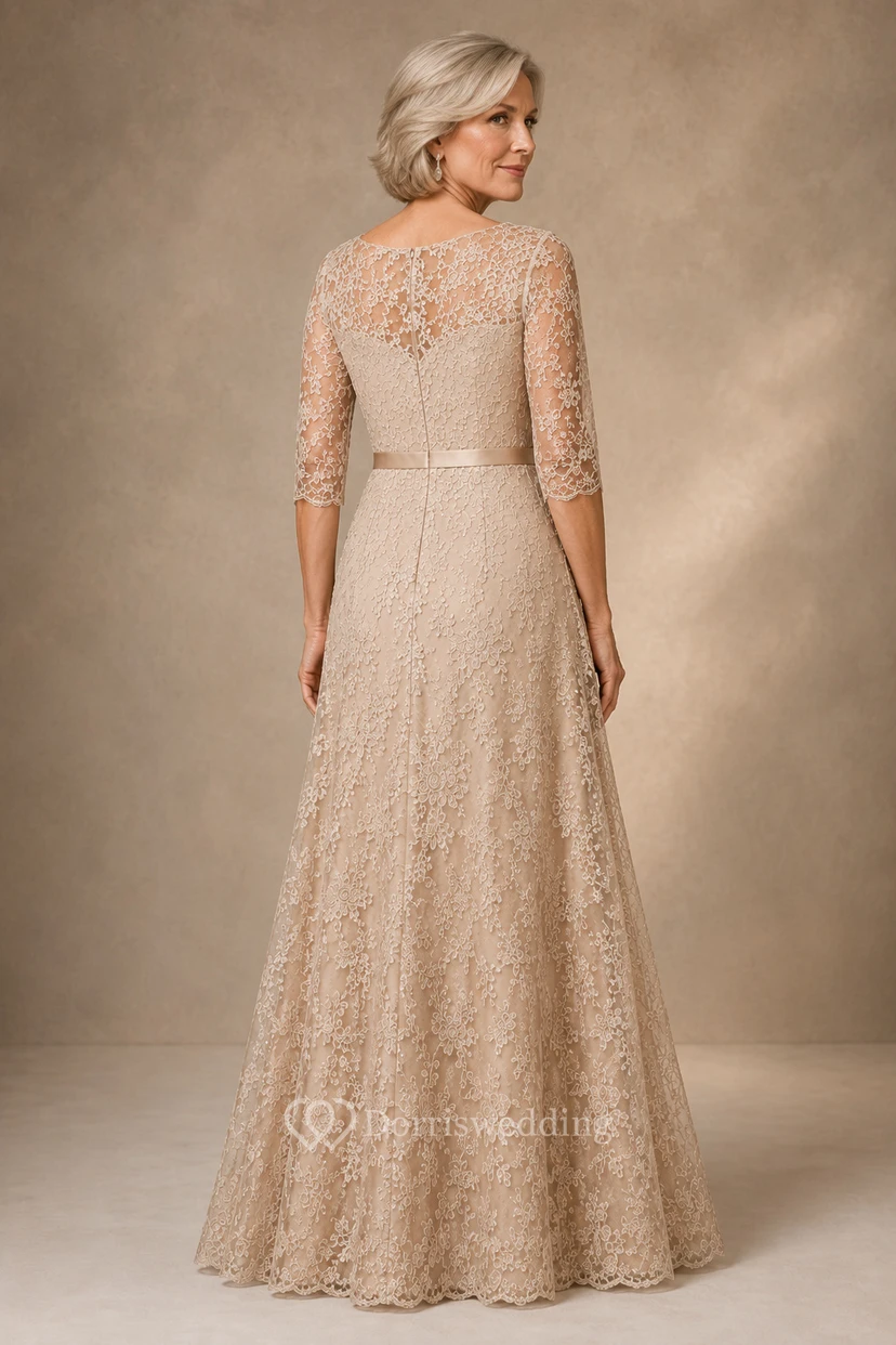 Champagnerfarbenes A-Linien-Kleid aus Spitze mit Dreiviertelärmeln für die Mutter view 2