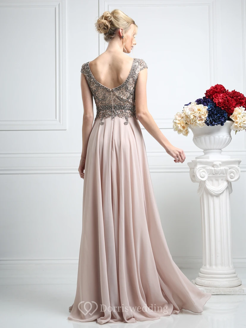 Sheath Maxi V-Neck Cap-Sleeve Chiffon Low-V Back Dress With Beading And Pleats view 2