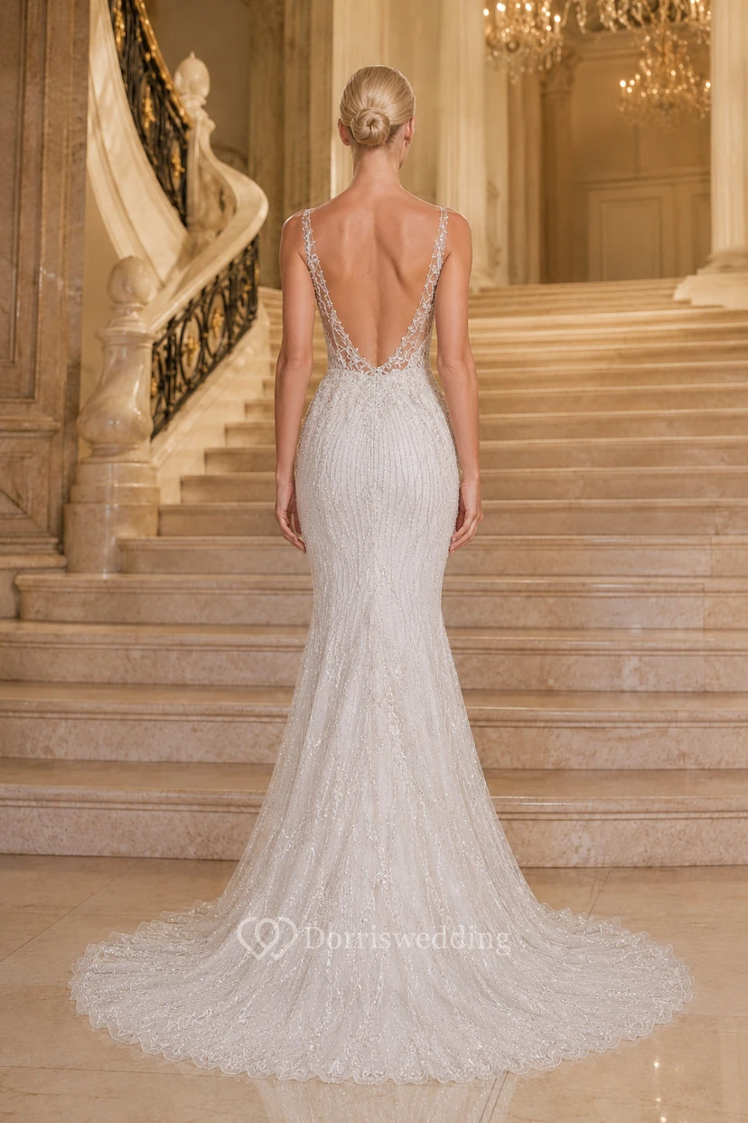 Elfenbeinfarbenes Meerjungfrauen-Brautkleid aus Spitze mit V-Ausschnitt und tiefem Rückenausschnitt view 2