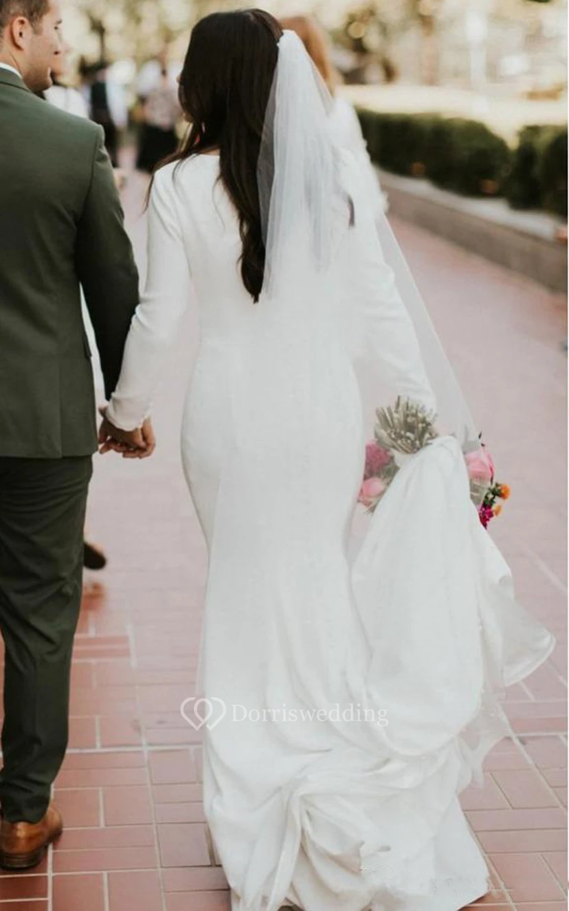 Robe de mariée longue et sobre à manches longues grande taille | Robe de mariée blanche musulmane simple et maxi view 2