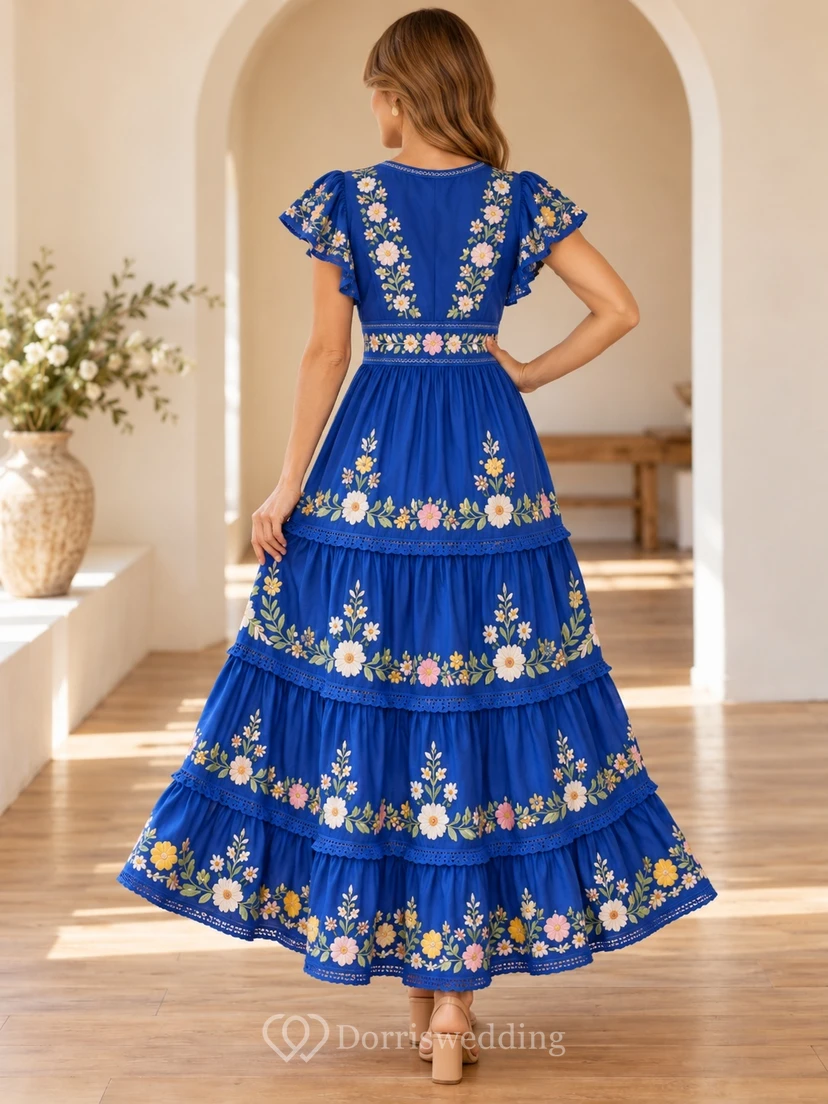 Cumbia Royal Blue V Neck Daisy Embroidered Tiered Folk Dress view 2
