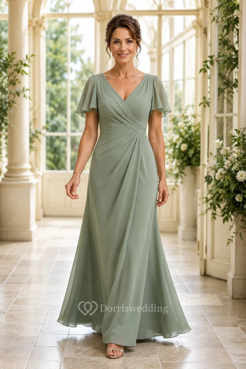 Salbeigrünes Chiffon-Kleid in A-Linie mit V-Ausschnitt für Mütter