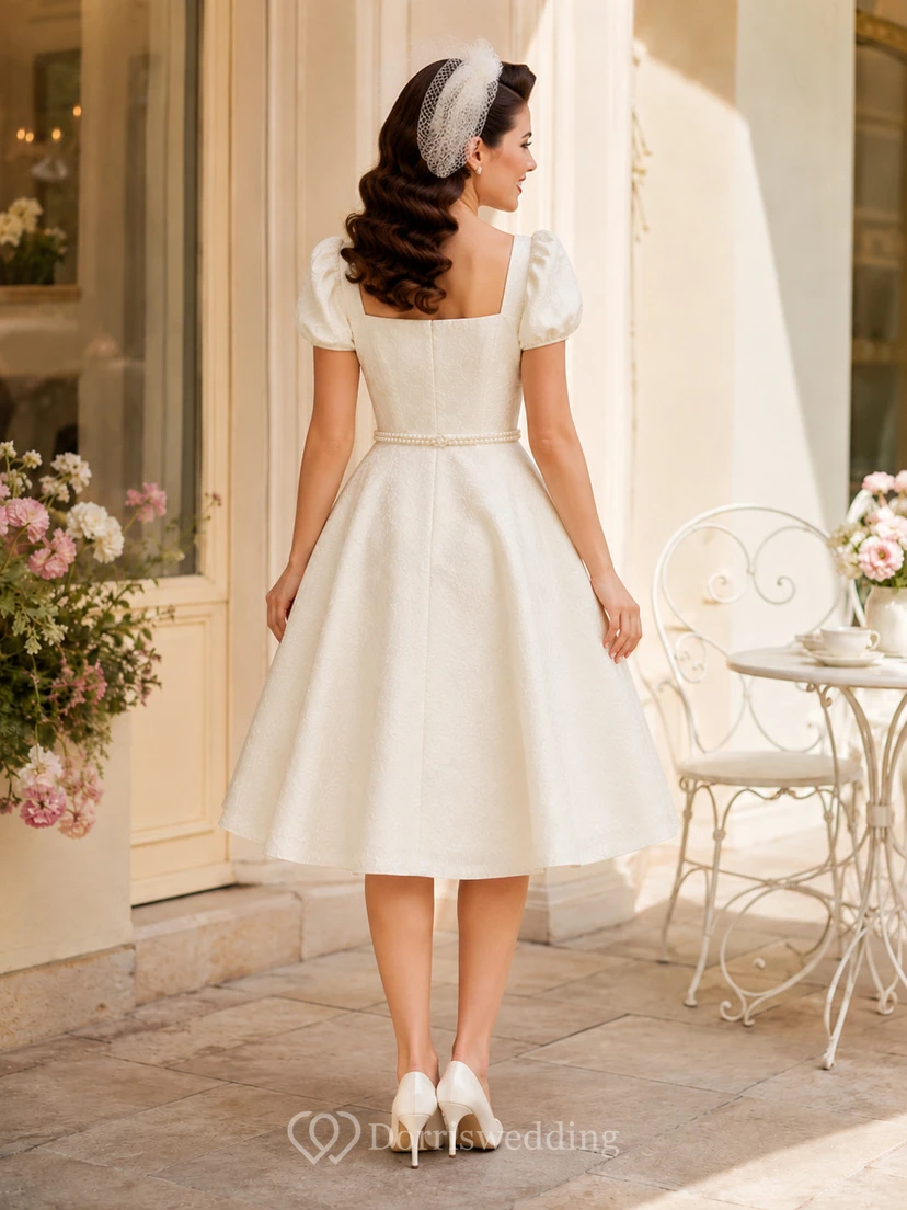 Vintage 1950s Square Neck Puff Sleeve Satin A-Line Tea Wedding Dress view 2
