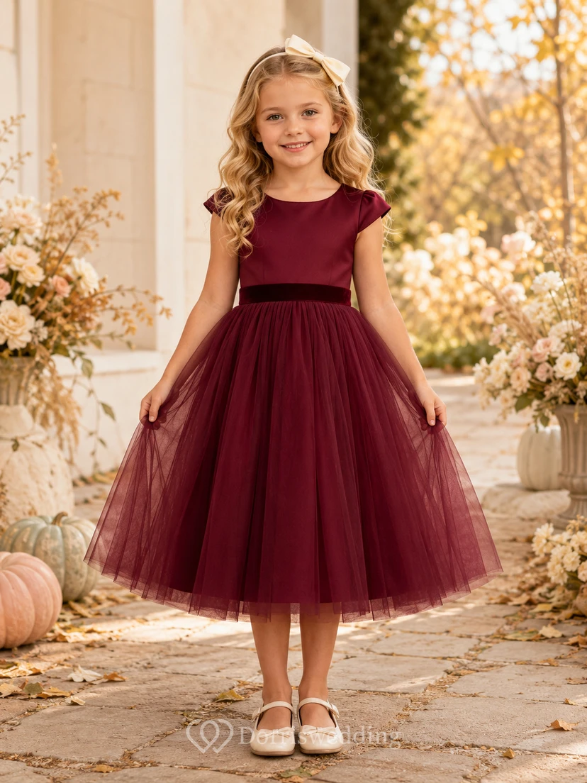 Elegant Tea-Length A-Line Garden Flower Girl Burgundy Satin Tulle Cap Sleeve Party Dress