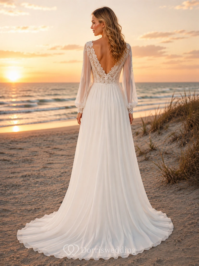 Fall Beach V-Neck Lace Sleeve A-Line Wedding Dress view 2