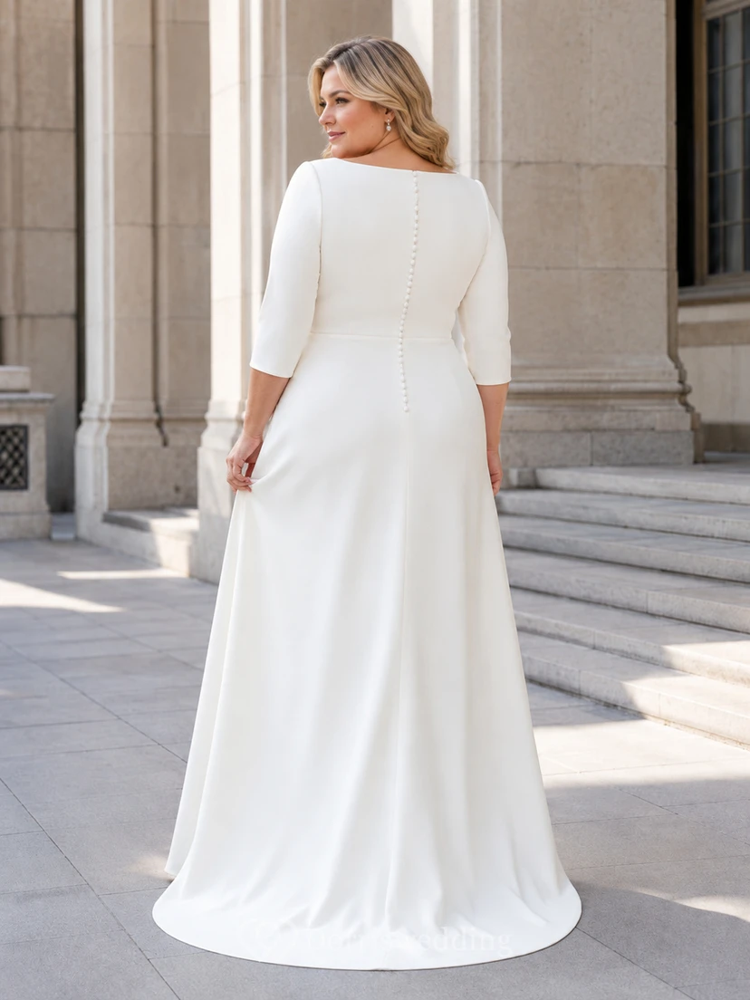 Robe de mariée en satin à col carré et manches trois-quarts, grande taille, à prix abordable view 2