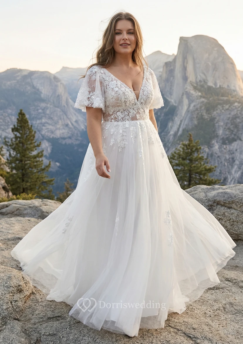 Plus Size Lace Cap Sleeve A-Line Wedding Dress with Illusion Bodice