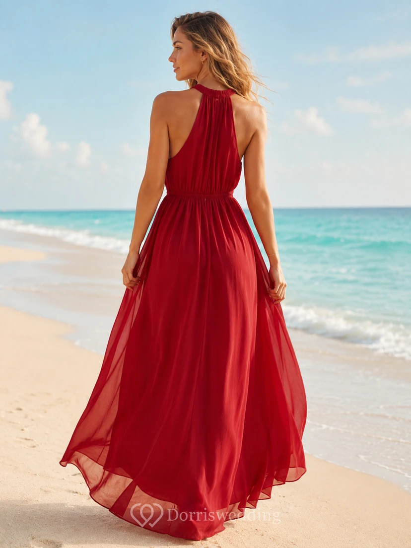 Robe de plage en mousseline rouge corail à bretelles cœur view 2
