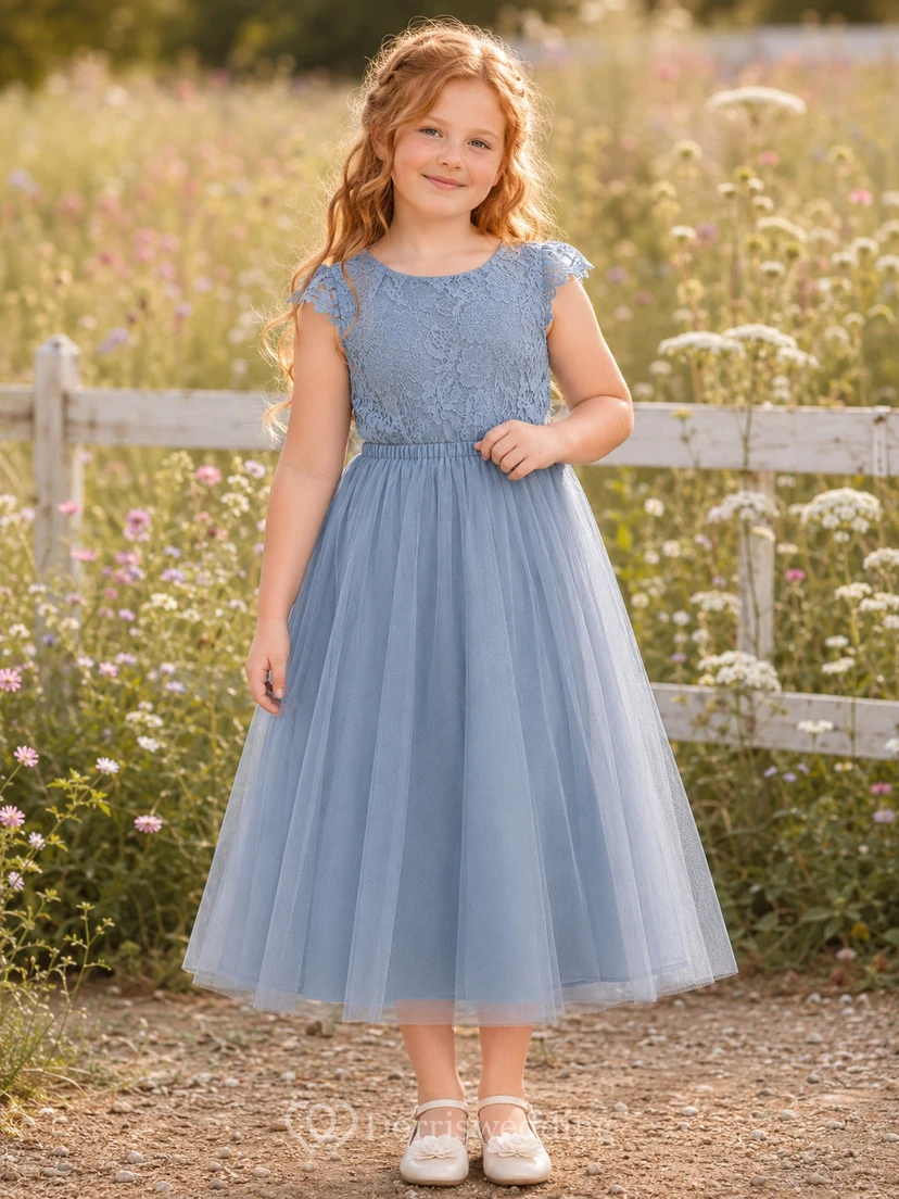 Blumenmädchenkleid, himmelblau, Tüll, A-Linie, Rundhalsausschnitt, Teelänge, Schleifendetail
