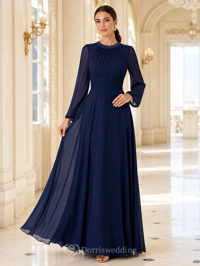 Navy High Neck Long Sleeve Pleated Chiffon Evening Dress