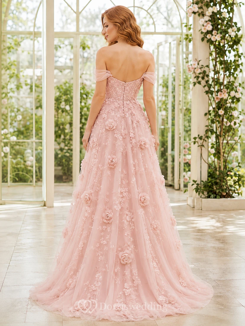 Blush 3D Floral Strapless Tulle A-Line Evening Gown view 2