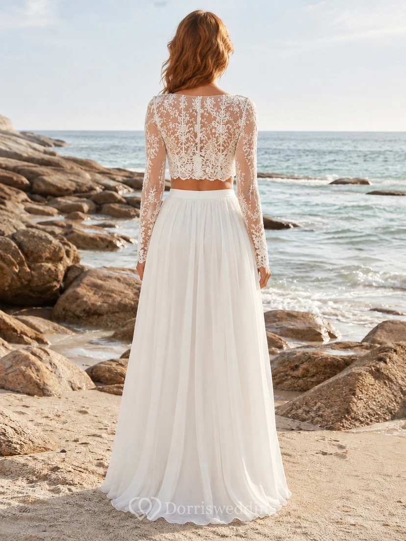 Two Piece Long Sleeve Lace Chiffon Beach Wedding Dress view 2