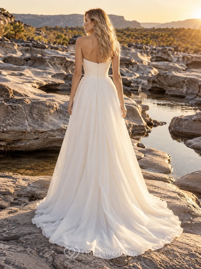 Strapless Sweetheart Organza Wedding Dress with Wrapped Bodice and Split A-Line Sweep Train view 2