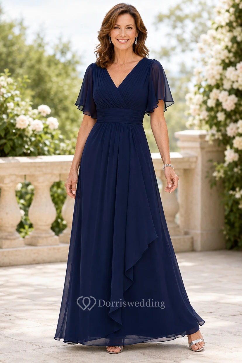 Robe mère bleu marine foncé en mousseline de soie, coupe trapèze, col en V et manches papillon
