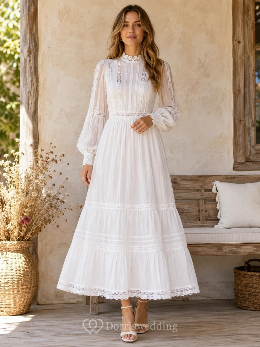 White High Neck Long Sleeve Tiered Chiffon Formal Gown