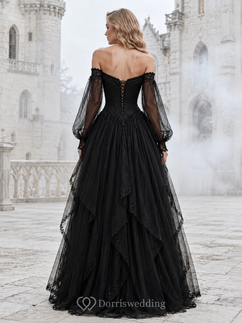Black Off-the-shoulder Long-Sleeve Tulle Ball-Gown Floor-length Sweep Tiered Evening Gown view 2