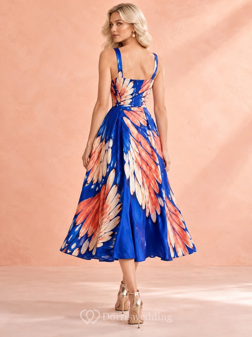 Square Neck Royal Blue Wing Print Satin Midi Cocktail Dress view 2