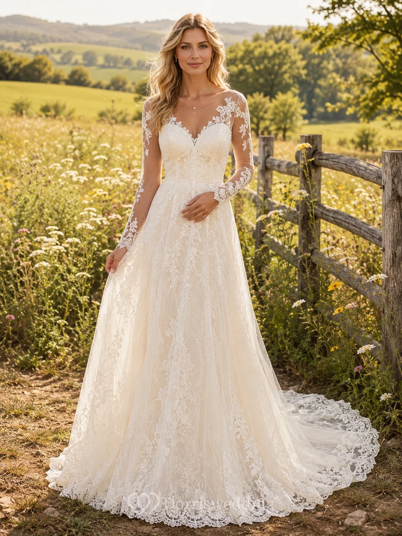 Robe de mariée champêtre en tulle et dentelle, coupe trapèze, col en V, sans manches, traîne, dos nu plongeant.