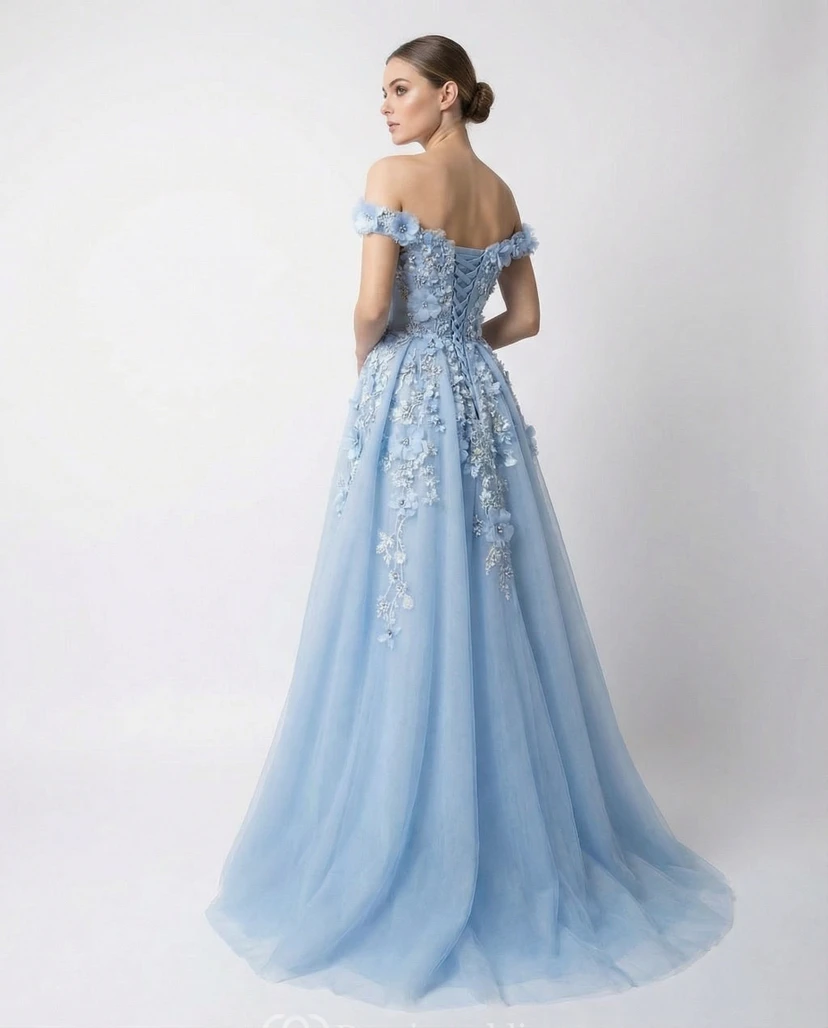 Beaded Floral Applique Off-Shoulder Gown view 2