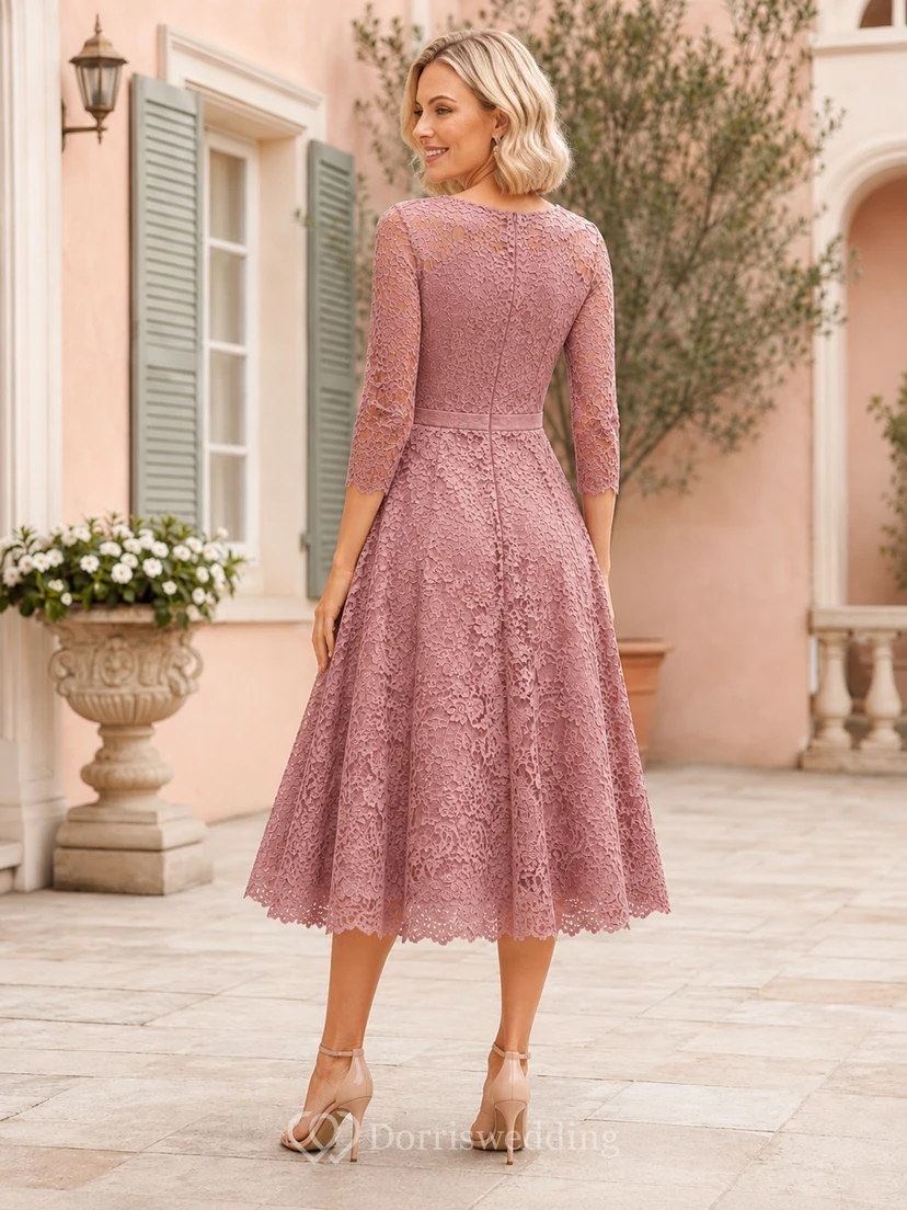 Vintage Dusty Rose Tea-Length Lace A-Line V-Neck Three-Quarter Sleeve Dress view 2