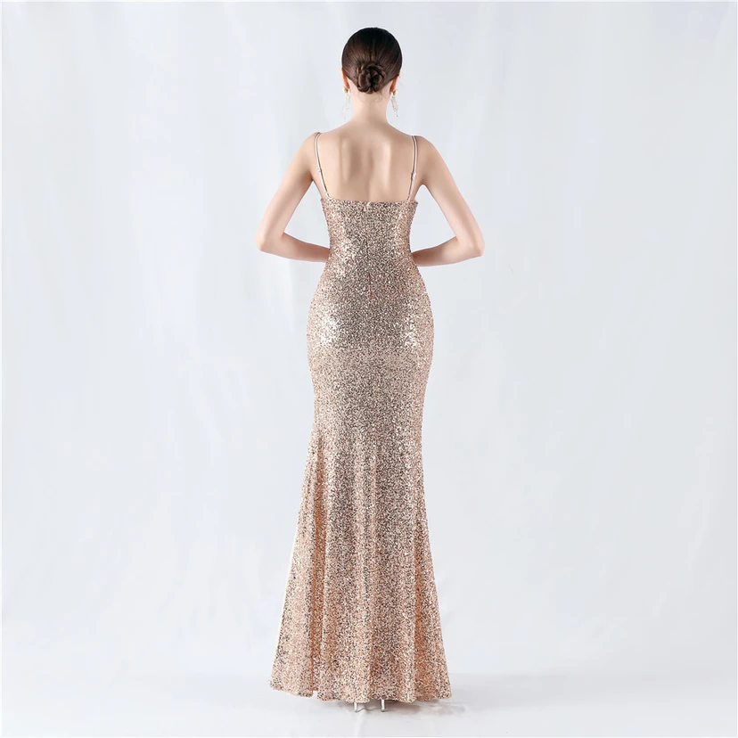Robe de soirée sexy à sequins et fente haute, avec bretelles et encoche cryptée view 24