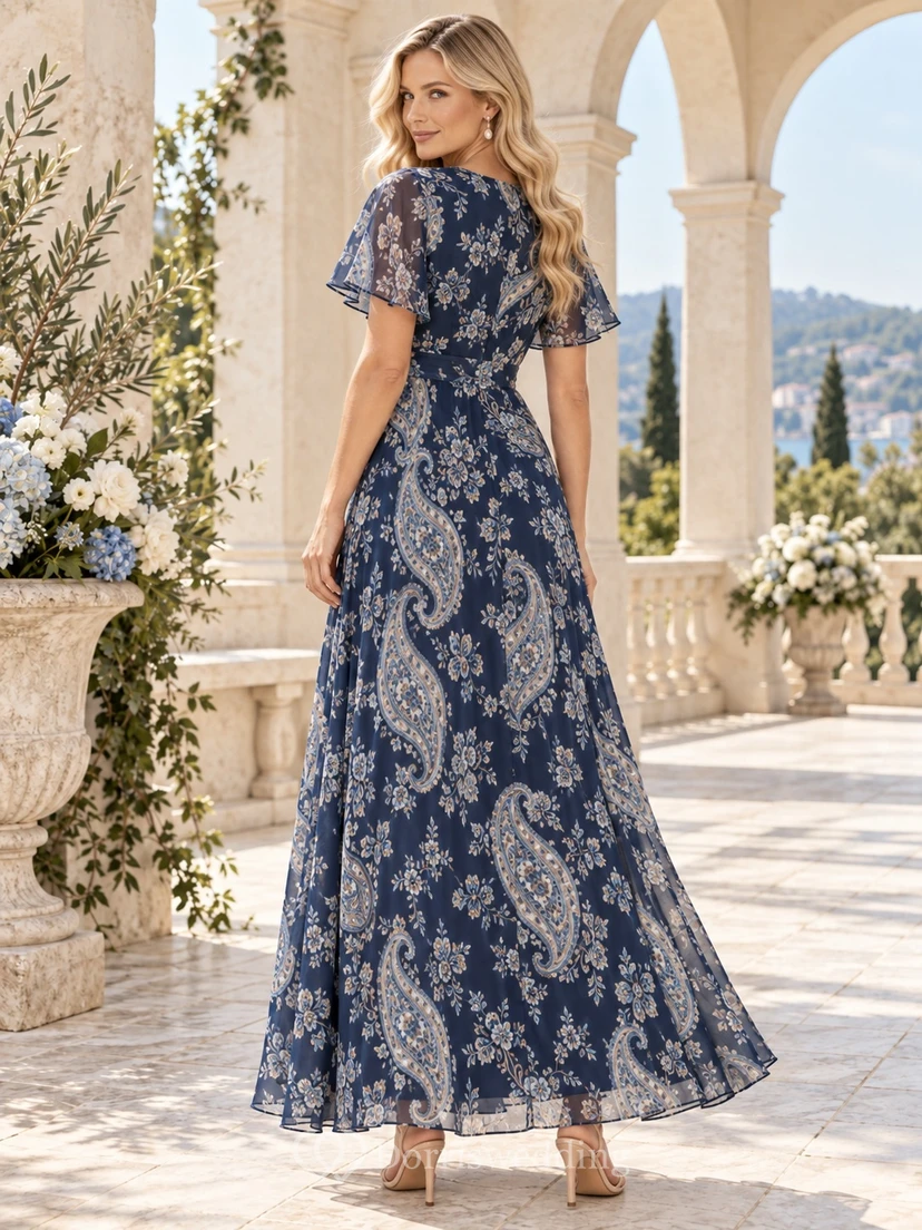 Vestido de invitada de boda azul marino con escote en V, manga corta y corte en A, color azul marino. view 2