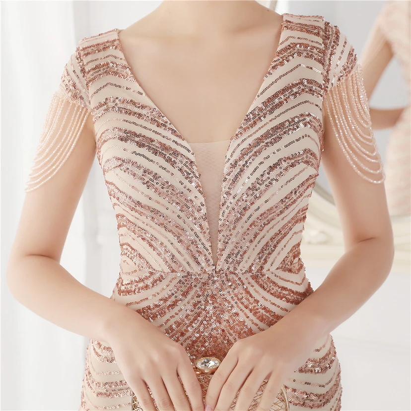 Paillettenbesetztes, handwerklich perfekt gefertigtes, perlenbesetztes Party-Abendkleid – sexy langes Kleid für die Braut view 43