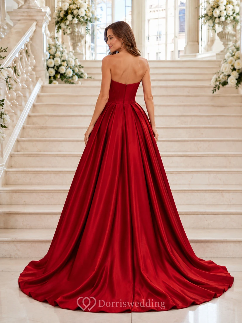 Red Strapless Sweetheart Satin Ball Gown Chapel Train Wedding Dress view 2