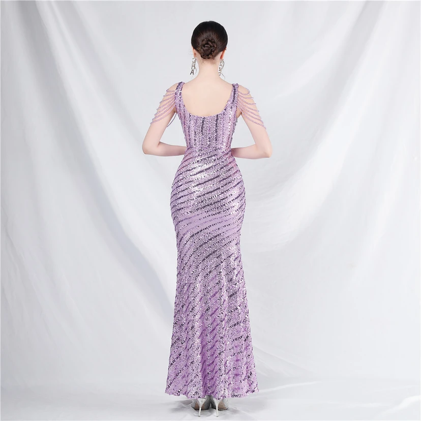 Craft Sequined Velvet Bottom Handmade Beaded Long Elegant Light Luxury Evening Dress view 26