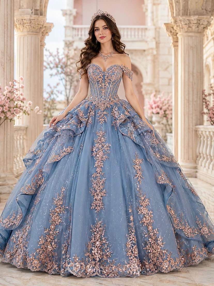 Robe de bal de princesse de quinceañera de luxe bleu poudré et or rose doré, épaules dénudées et superposées