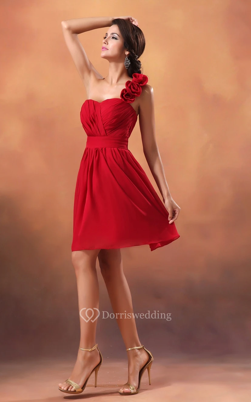 Knee-Length Chiffon Dress With Pleating and Floral Strap view 2