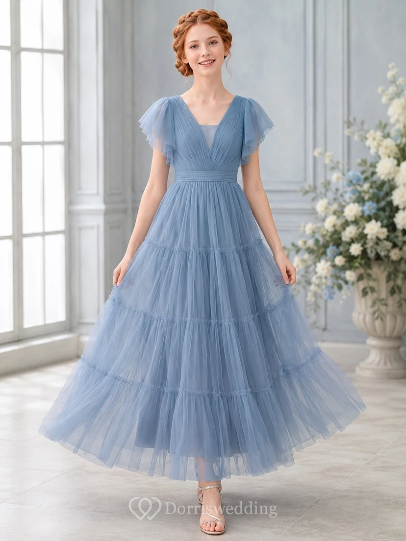 Stahlblaues Brautjungfernkleid für junge Damen, A-Linie, V-Ausschnitt, kurze Ärmel, wadenlang, mit Blütenblattmuster, Tüllrüschen, elegant