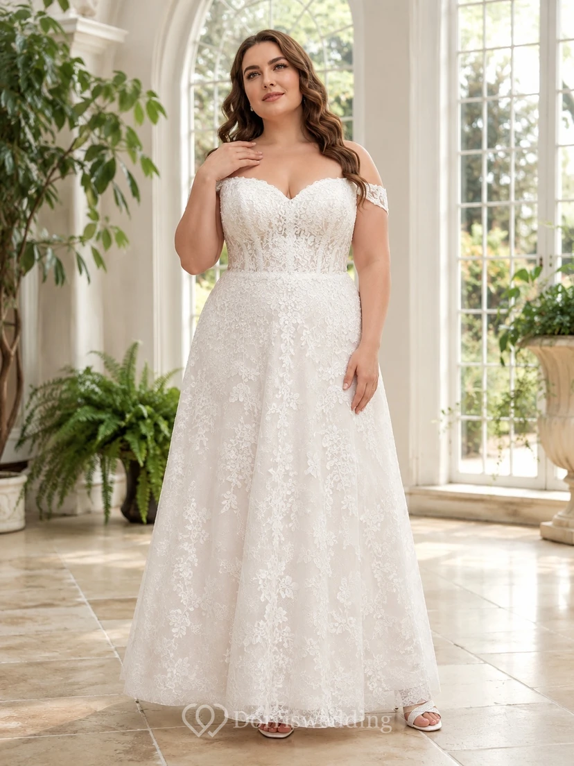 Plus-Size Spitzen-Brautkleid in A-Linie mit schulterfreiem Herzausschnitt und romantischem Vintage-Schnitt, knöchellang