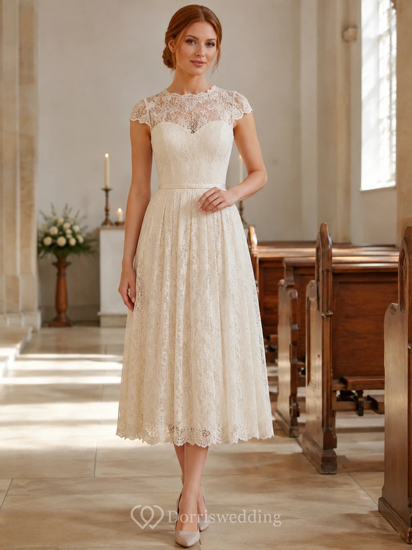 Elfenbeinfarbenes, ärmelloses, teelanges Mutterkleid aus Spitze