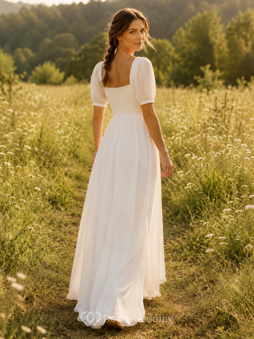 Schlichtes Boho-Hochzeitskleid aus Chiffon mit eckigem Ausschnitt, kurzen Puffärmeln und A-Linien-Schnitt, knöchellang view 2