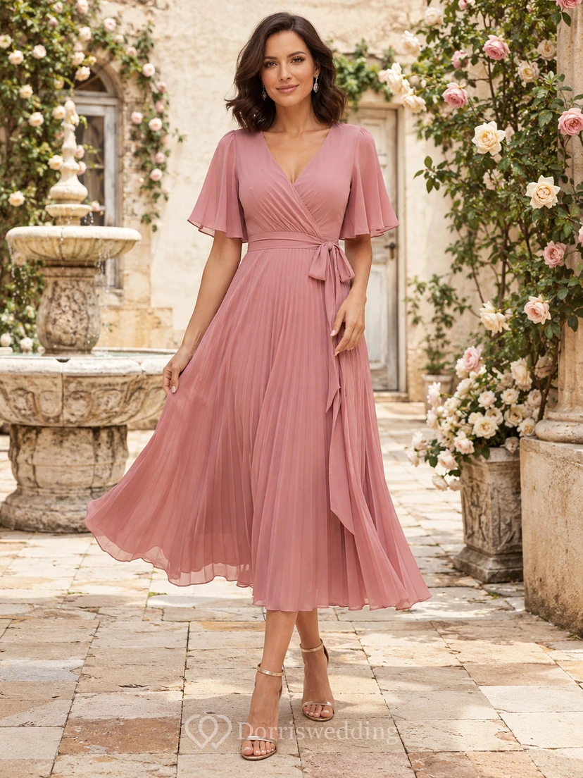 Dusty Rose V Neck Flutter Sleeve Pleated Tea Guest Dress
