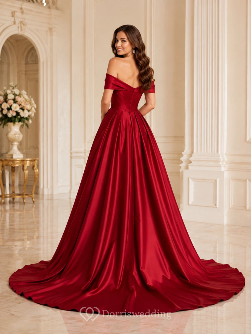 Rotes, schulterfreies, herzförmiges, plissiertes Luxus-Abendkleid aus Satin view 2