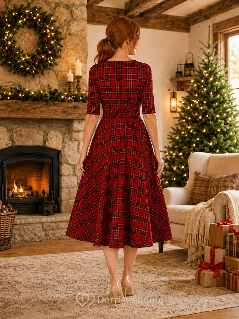Red Plaid V Neck Wrap Midi Christmas Photo Dress view 2
