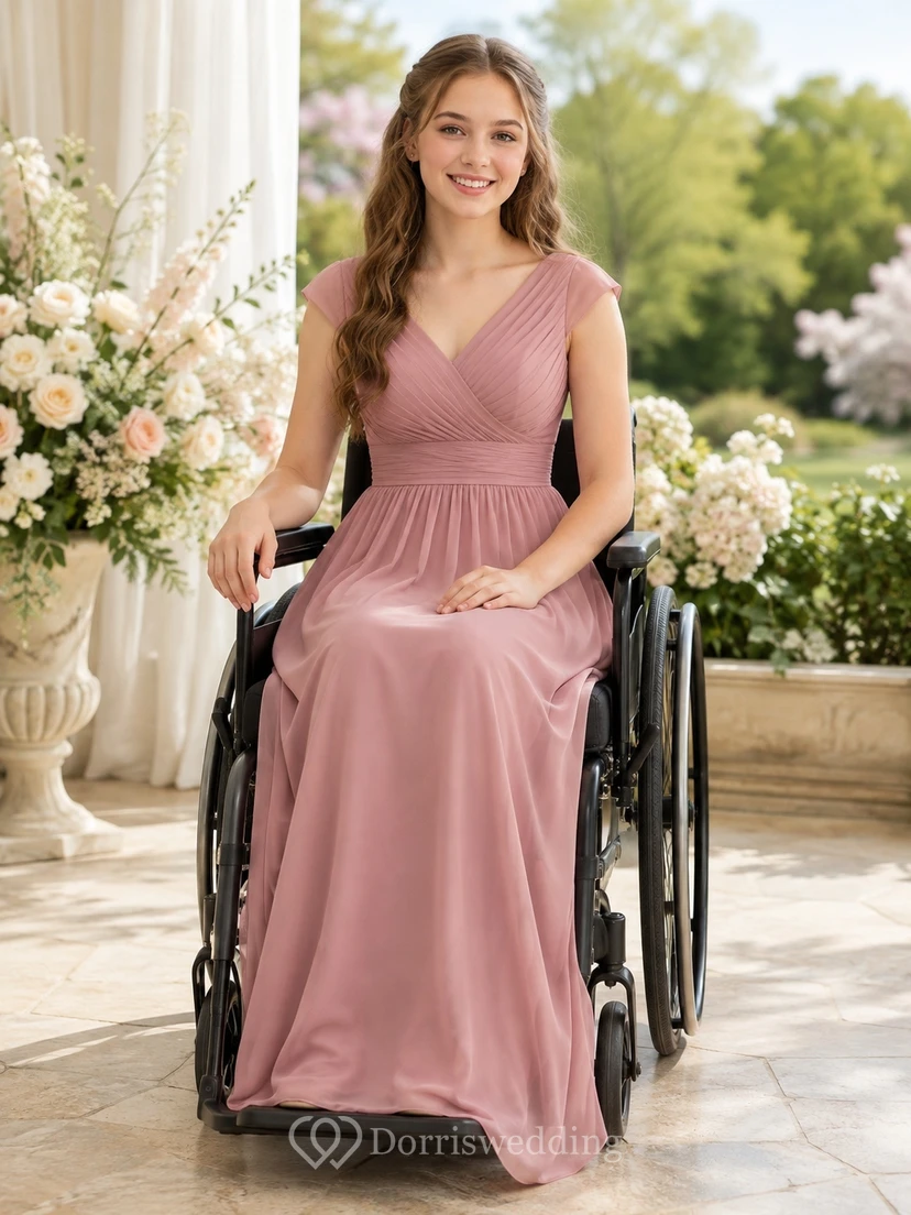 Perlmuttrosa Brautjungfernkleid, A-Linie, V-Ausschnitt, kurze Ärmel, Chiffon, schlicht