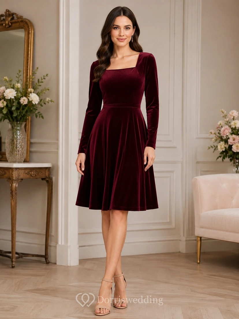 Burgundy High Neck Long Sleeve Velvet Tea-Length A-Line Dress