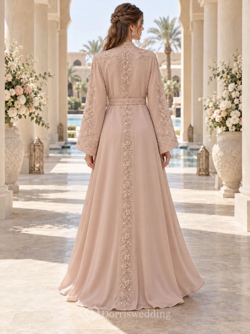 Modest Long Sleeve Blush Floral Embroidered Abaya Wedding Dress view 2