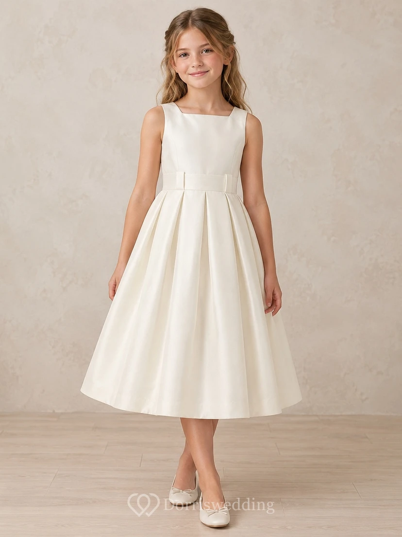 Tea-length Simple Ivory Sleeveless Satin Flower Girl Dress view 2
