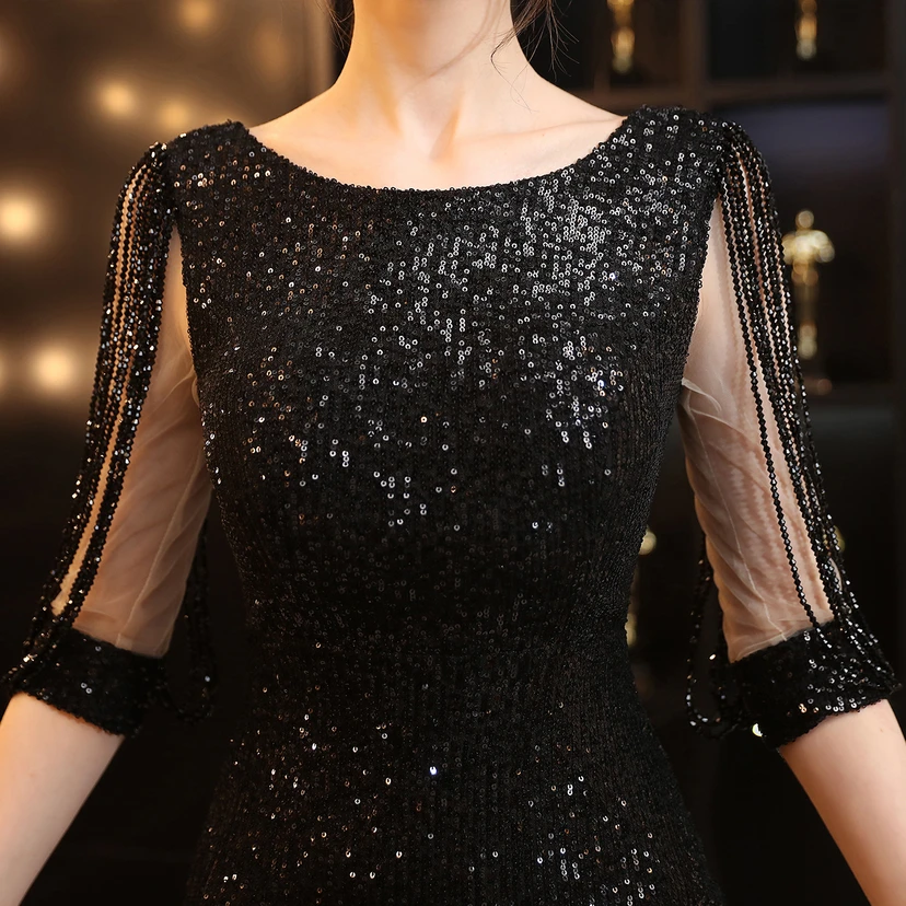 Vestido de noche elegante, largo, sin mangas, con lentejuelas y cola de sirena, estilo banquete. view 17