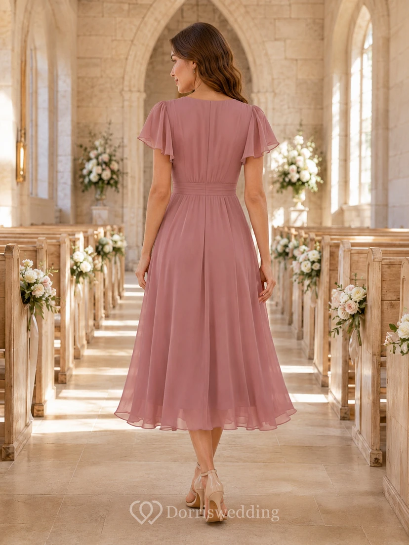 Chapel Dusty Rose V-Neck Chiffon A-Line Tea-Length Flutter Sleeve Dress view 2