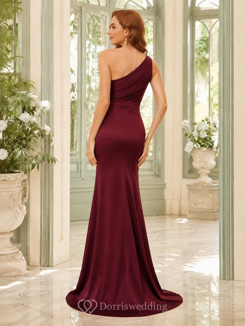 Burgundy One-Shoulder Ruched Slit Mermaid Evening Formal Gown view 2