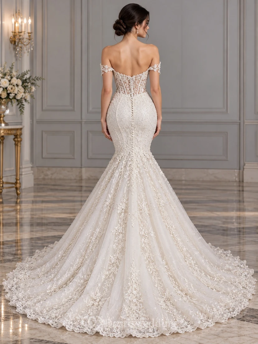 Mermaid Off Shoulder Sweetheart Beaded Lace Corset Train Wedding Dress view 2