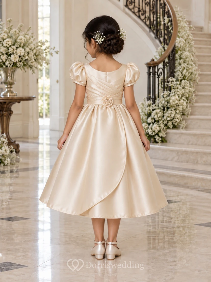 Teelanges champagnerfarbenes A-Linien-Kleid aus Satin mit Puffärmeln, plissiertem Oberteil und Rosetten-Taille – ein mehrlagiges Blumenmädchenkleid view 2