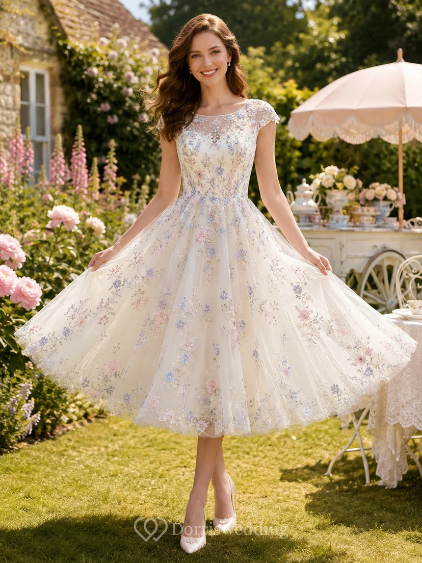 Cap Sleeve Floral Tea Length English Garden Wedding Dress