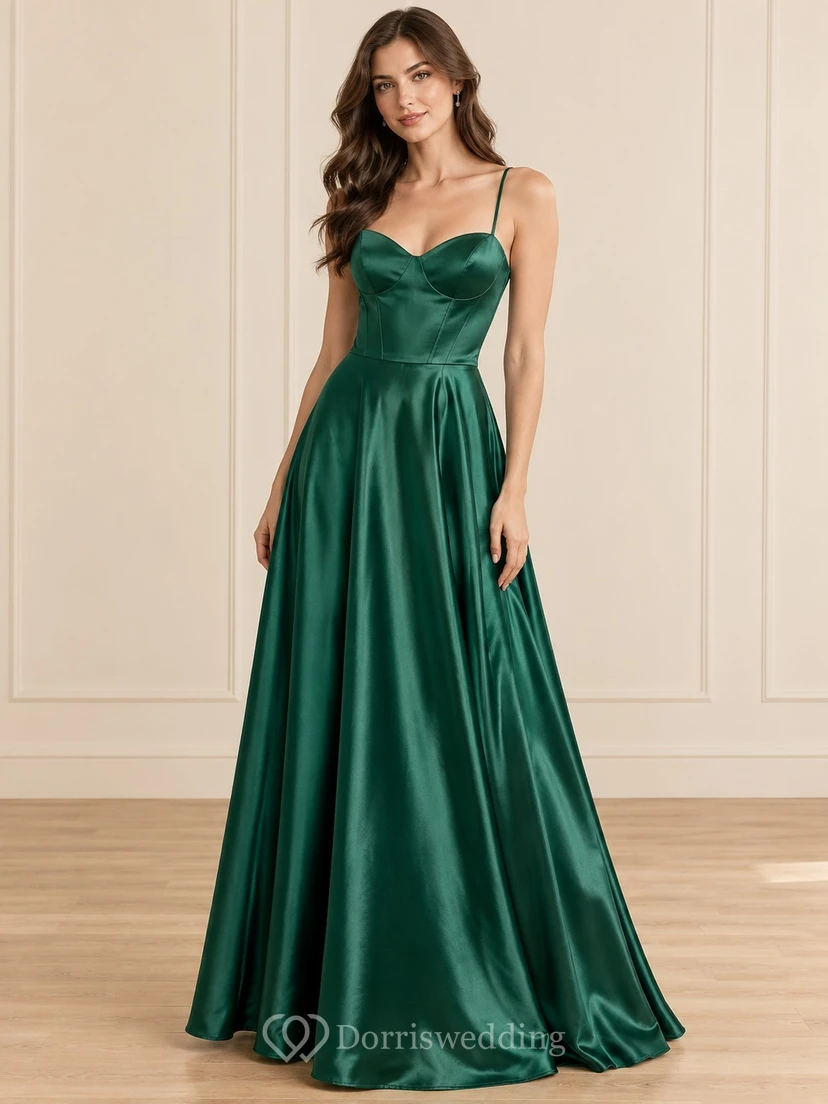 1990s Dark Green Sweetheart Spaghetti Strap Satin A-line Prom Dress